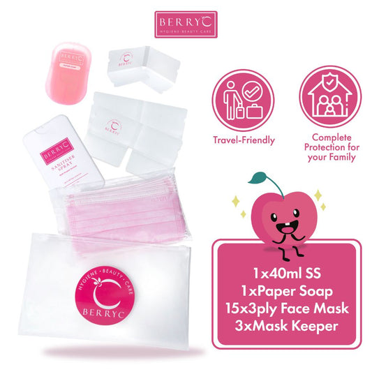 Covid 疫情预防包    Berryc All In 1 Care Kit - Masks + Mask Keeper + Sanitizer Spray (40ml) + Paper Soap